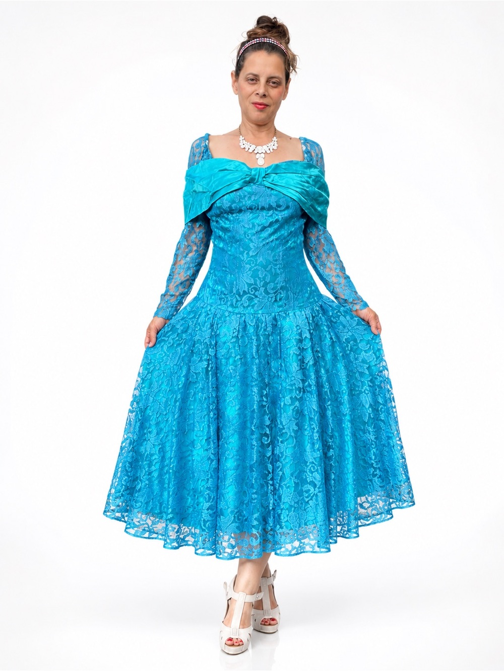 1980 Vintage Turquoise Lace Fit-and-Flare Dress Bow Taffeta